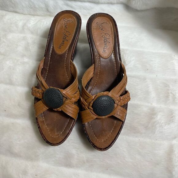 Sam Edelman leather tan platform wedge straps sandals black button accent SZ9.5 - Picture 1 of 12